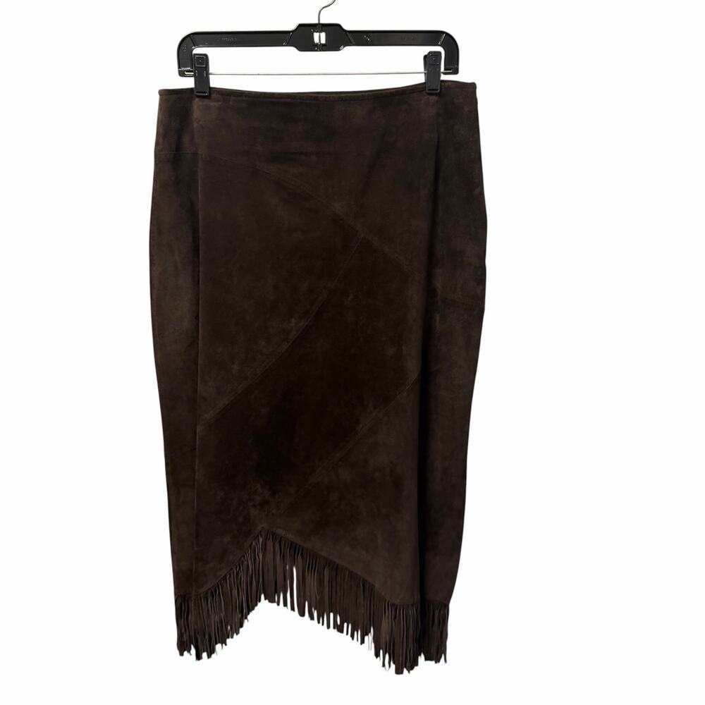 Pendleton Dark Brown Suede Fringe Trim Asymmetric Midi Skirt Size 12 Western